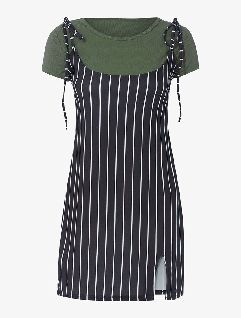 Robe rayée et t-shirt côtelé - kaki - 3