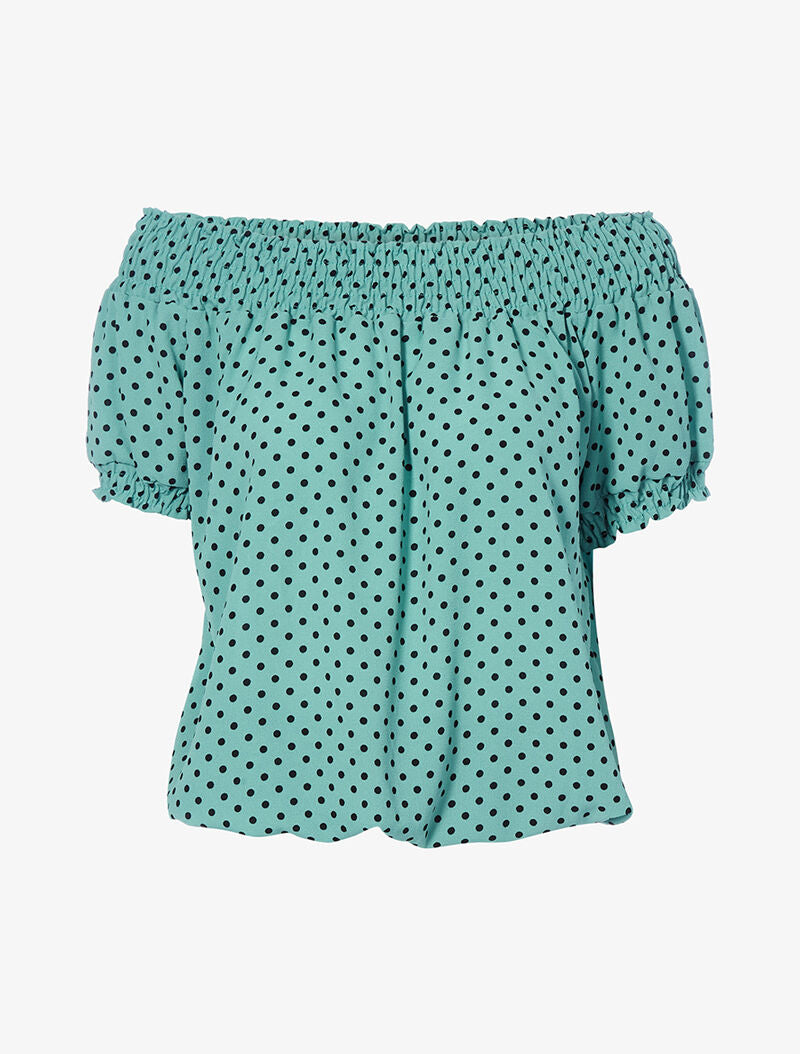 Top à pois encolure bardot - turquoise/noir - 1