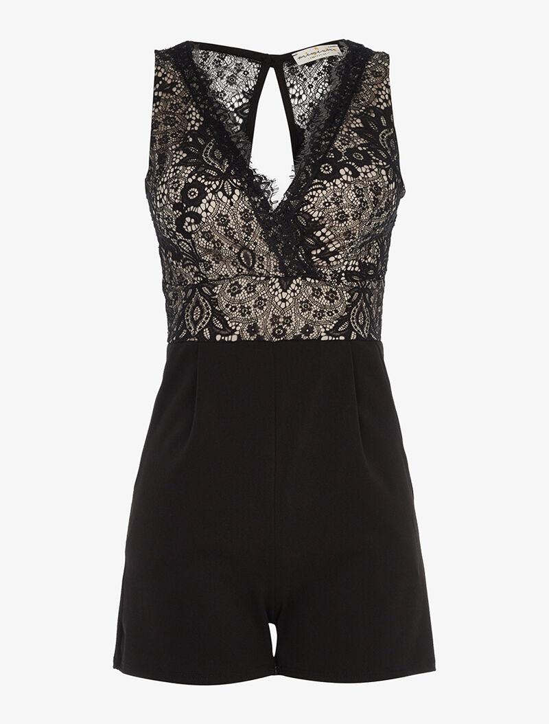 Combishort haut dentelle ajourée - beige/noir - 1