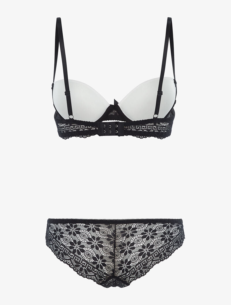 Ensemble à empiècements dentelle et tanga - noir/blanc - 2