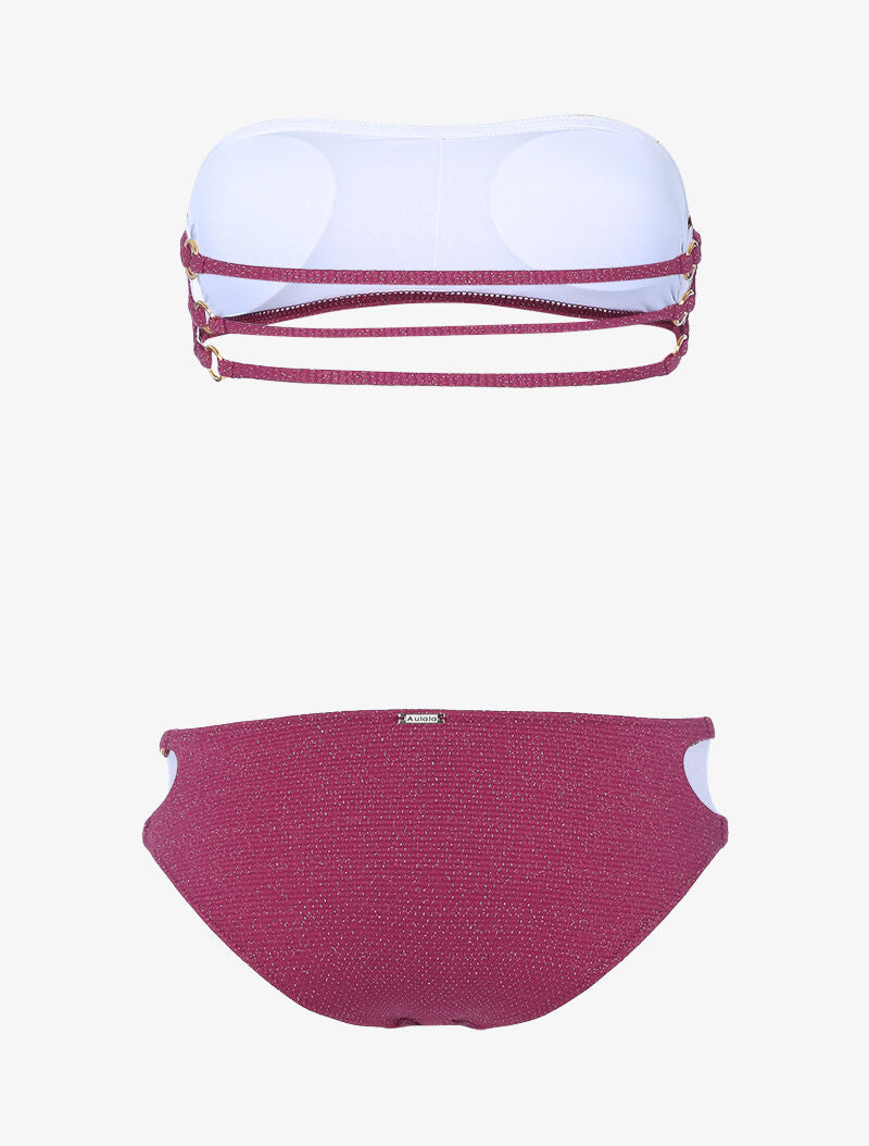 Bikini bandeau lamé à oeillets dorés - rouge - 2