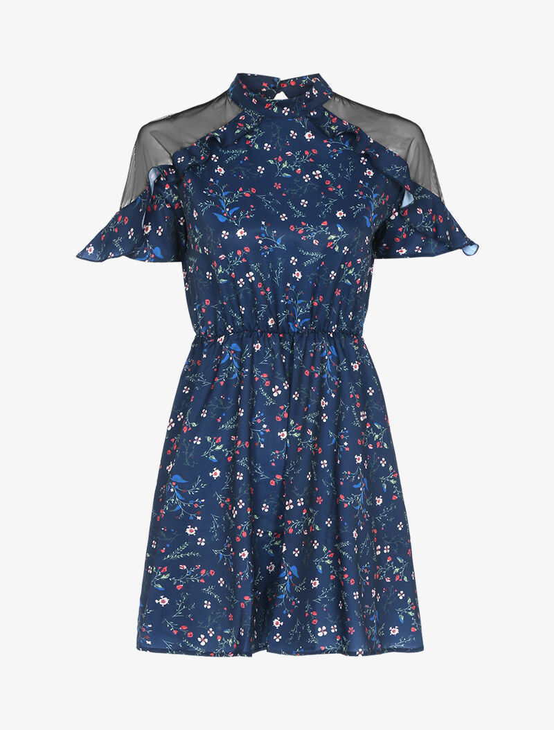 Robe fleurie à épaules ajourées - marine - 1