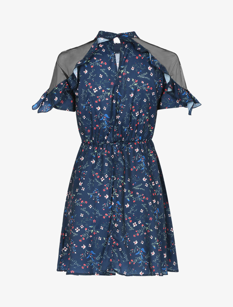 Robe fleurie à épaules ajourées - marine - 2