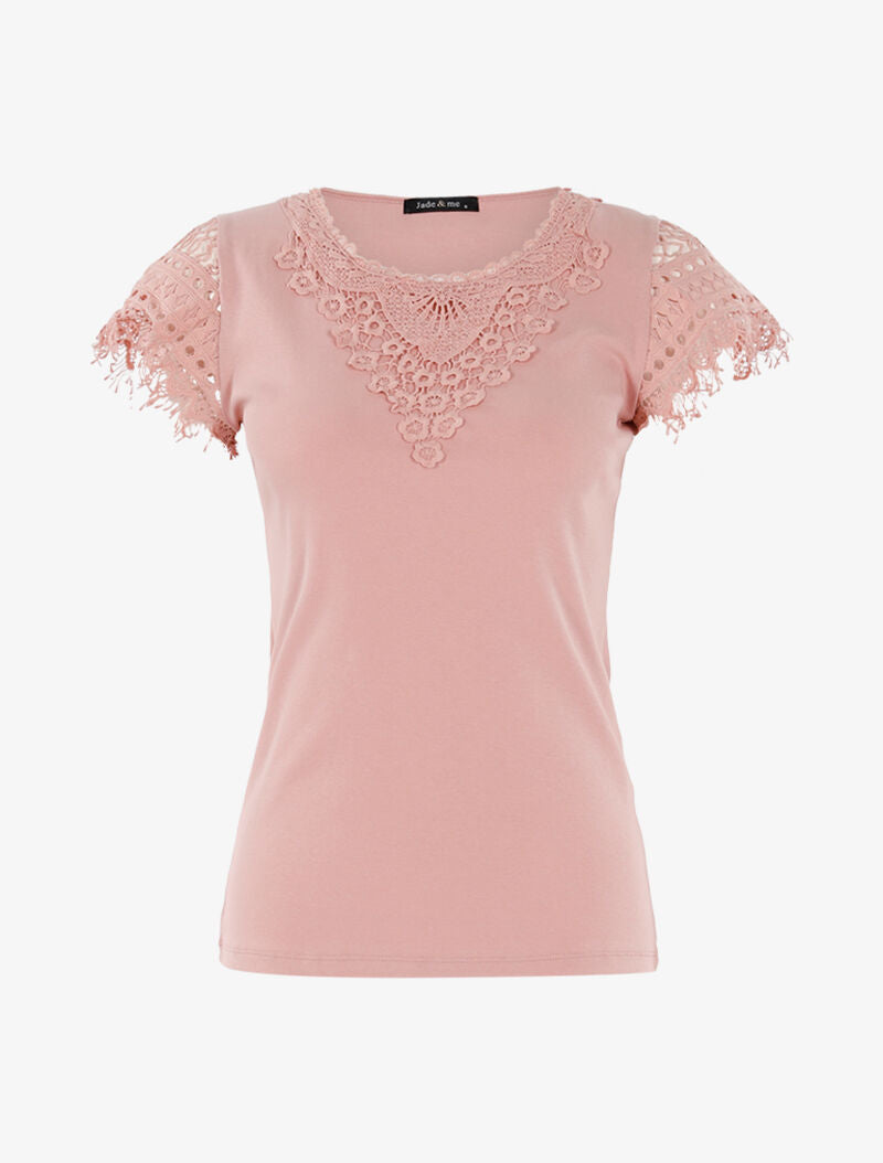 T-shirt à empiècement crochet - rose - 1