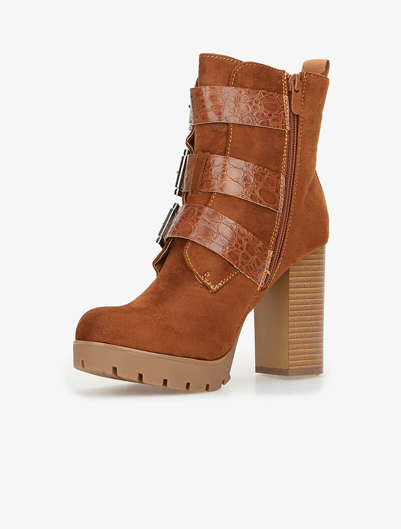 Bottines en suédine à sangles effet croco - camel - 3