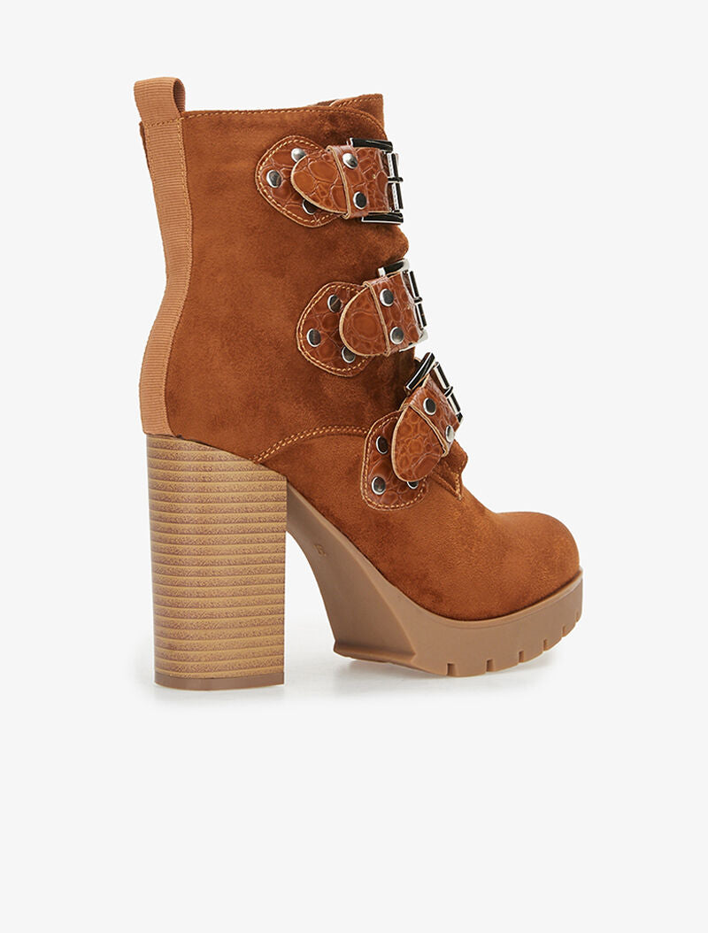 Bottines en suédine à sangles effet croco - camel - 4