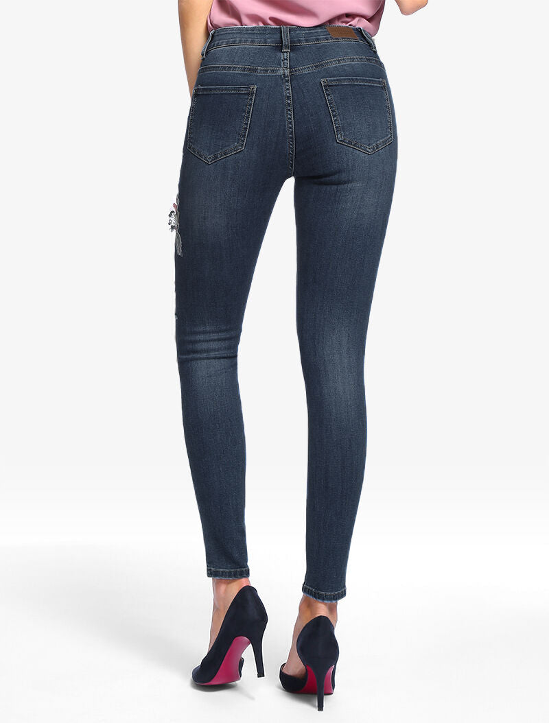 Jean 7/8 con inserti floreali - denim grezzo