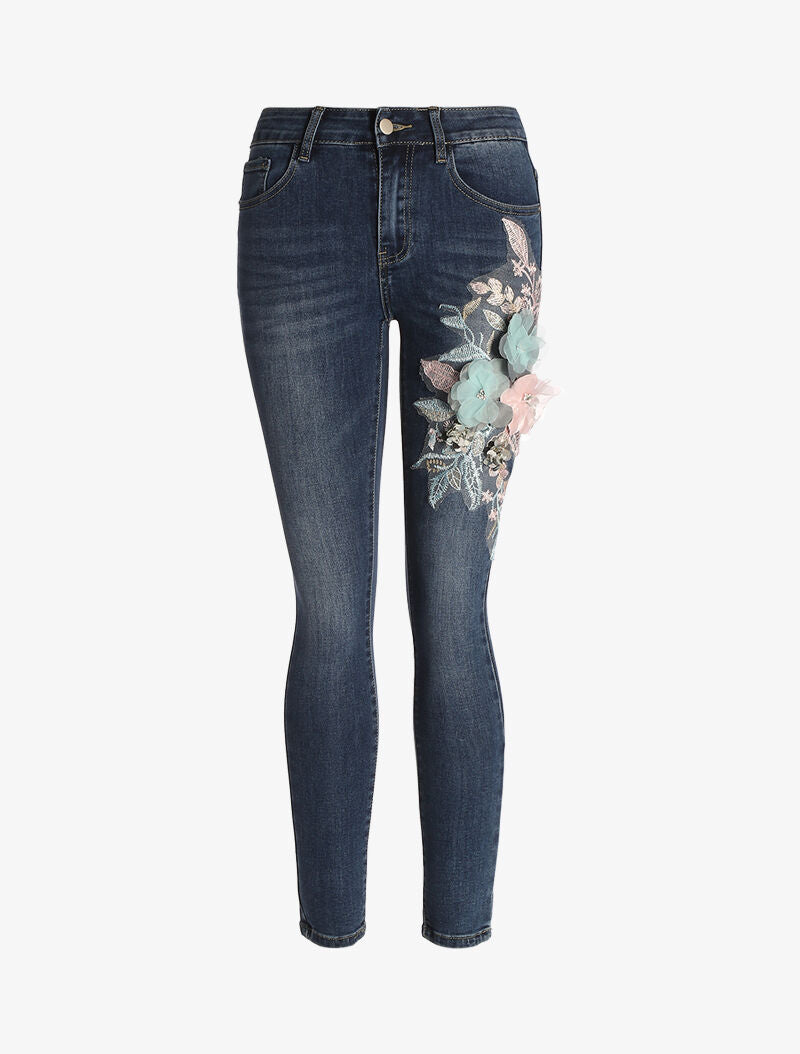 Jean 7/8 con inserti floreali - denim grezzo