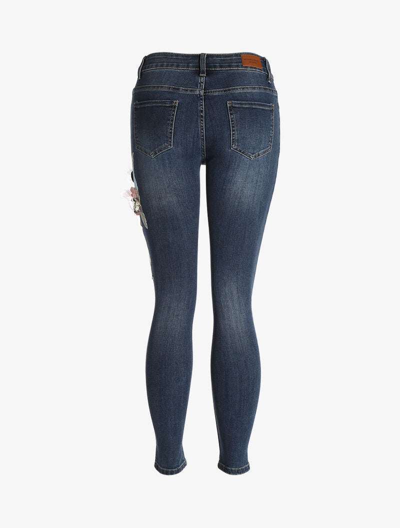 Jean 7/8 con inserti floreali - denim grezzo