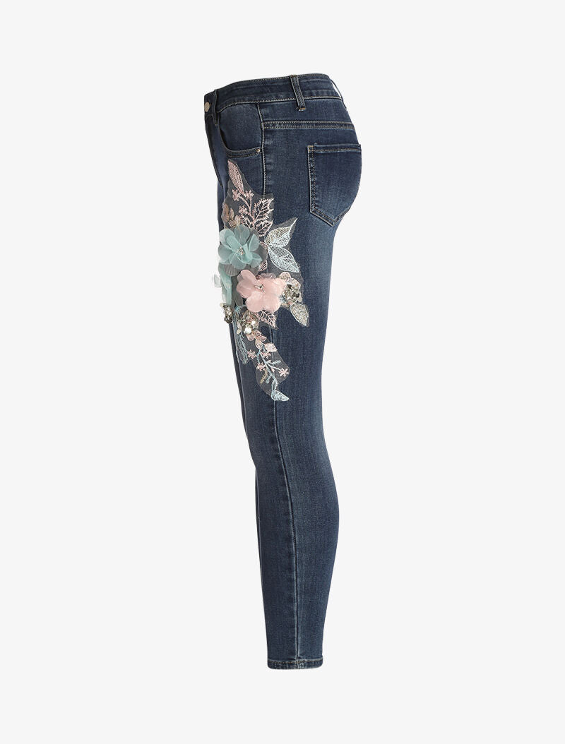 Jean 7/8 con inserti floreali - denim grezzo