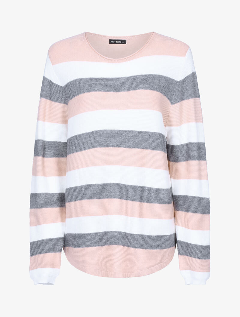 Pull en maille à bandes tricolores - rose/écru/gris foncé - 1