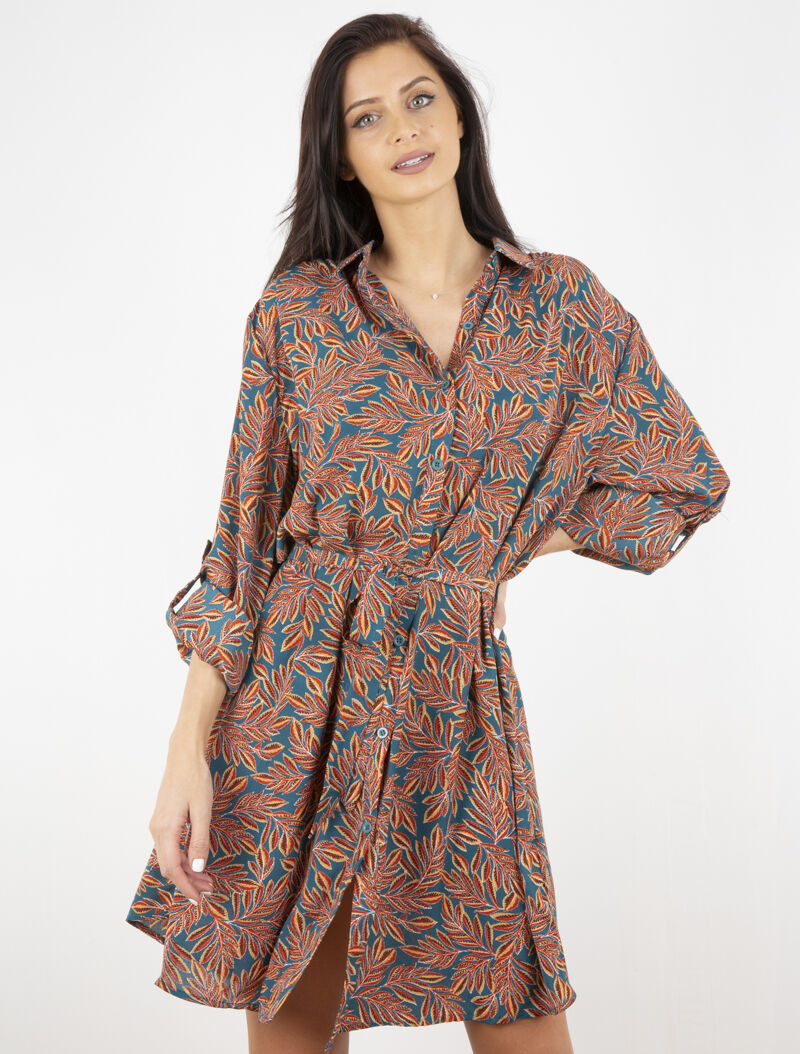 Robe chemise à imprimé feuillages - turquoise - 4
