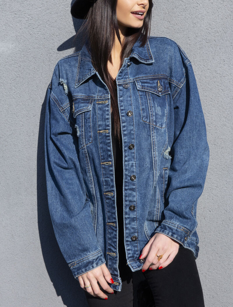 Veste longue à effet troué - bleu denim - 4
