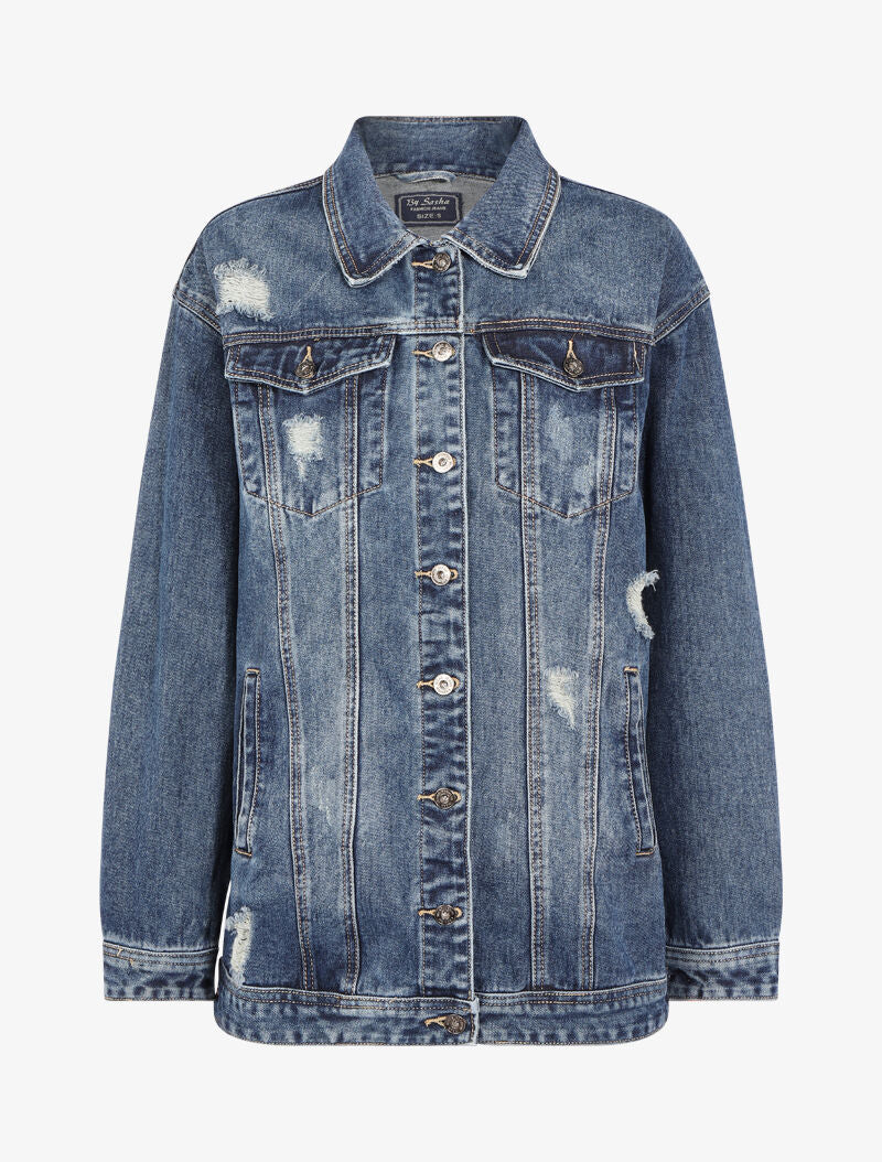 Veste longue à effet troué - bleu denim - 2
