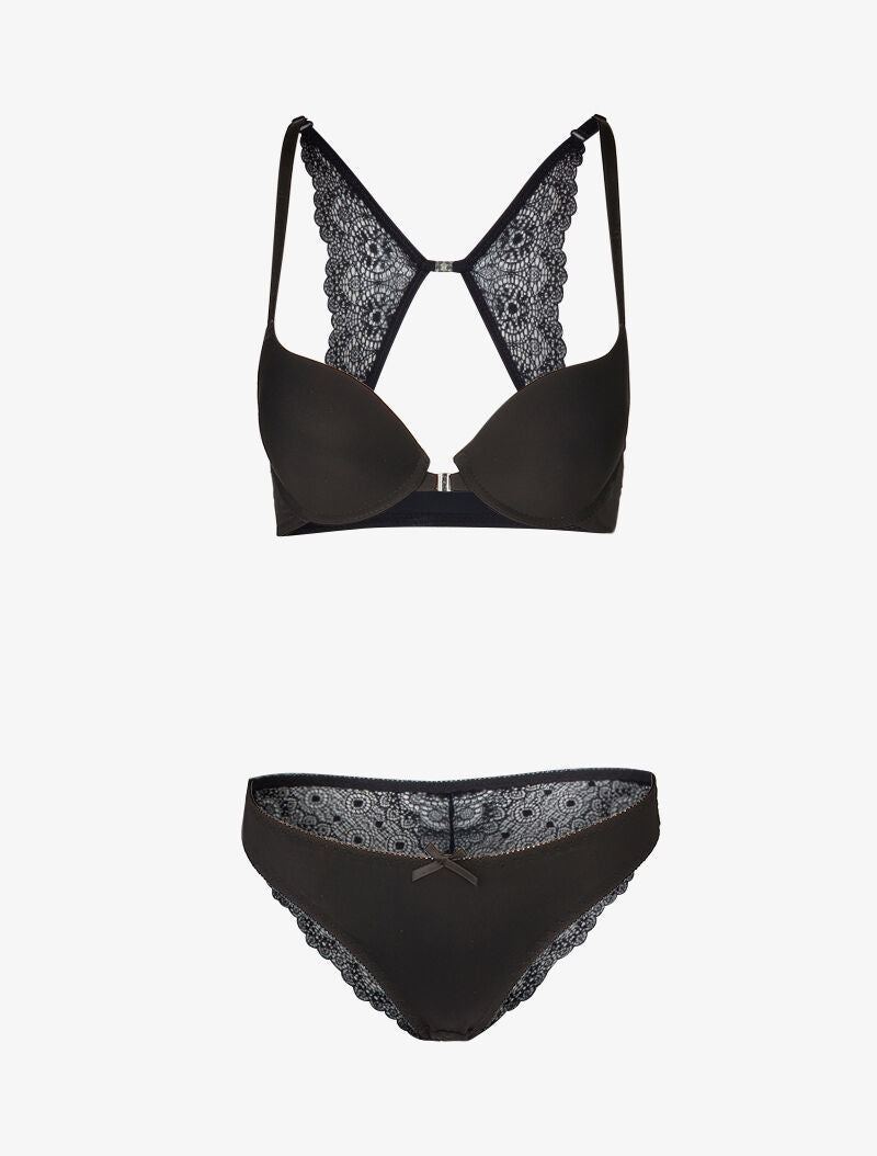 Ensemble push up satiné à fermeture avant - noir - 1