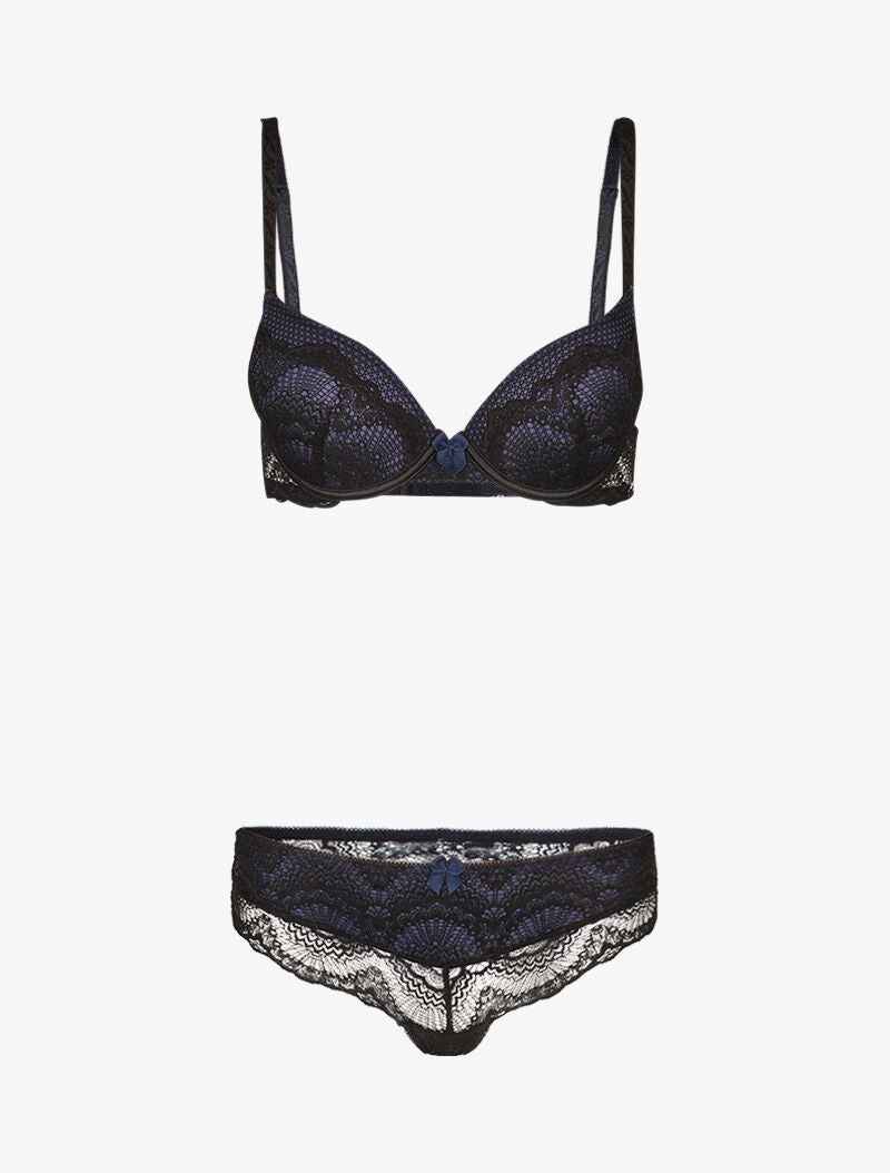 Ensemble à empiècements résille et dentelle fleurie - noir/bleu - 1