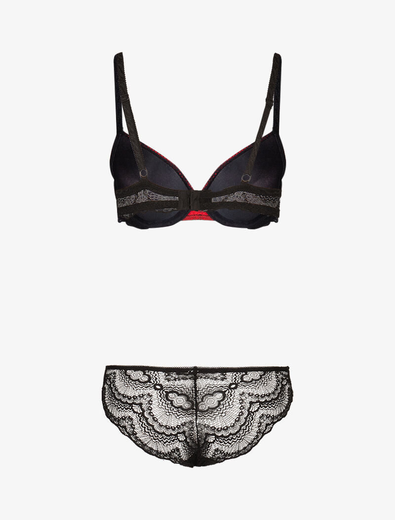 Ensemble à empiècements résille et dentelle fleurie - noir/rouge - 2