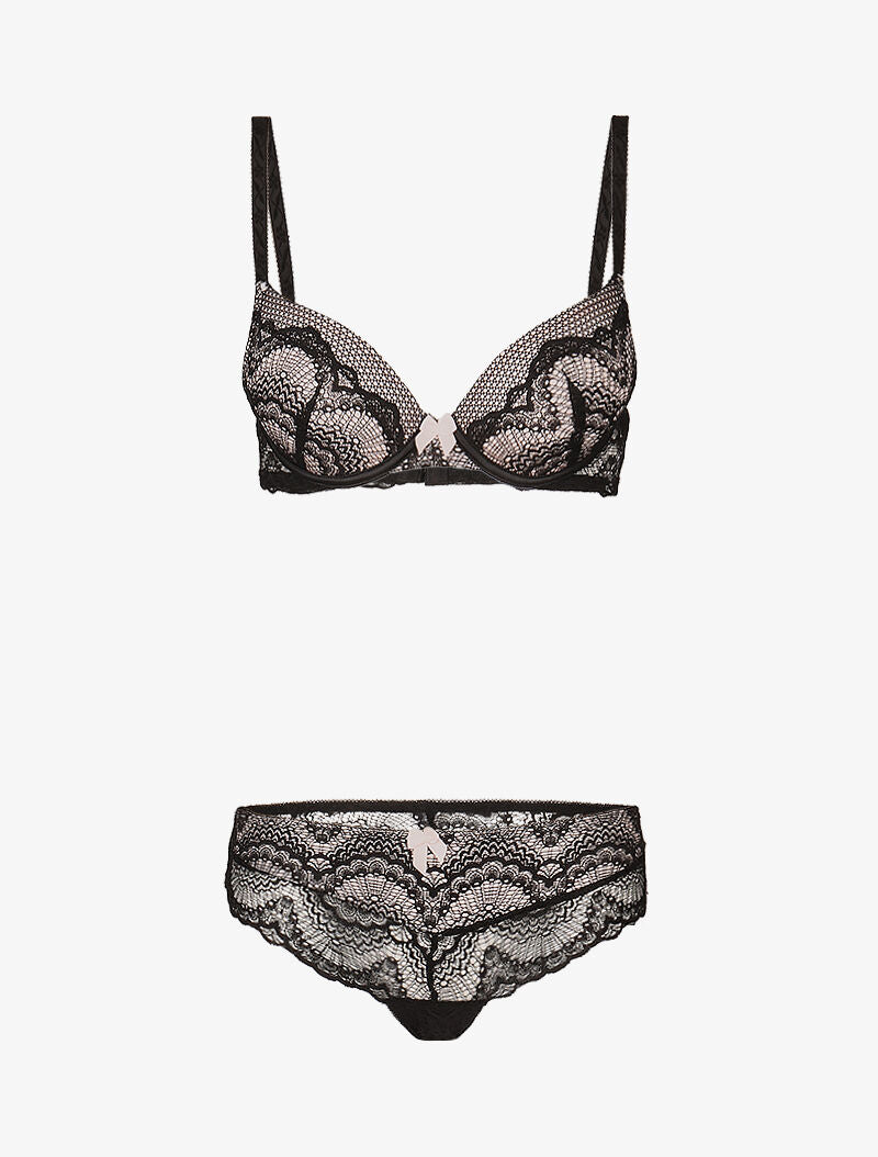 Ensemble à empiècements résille et dentelle fleurie - noir/rose - 1