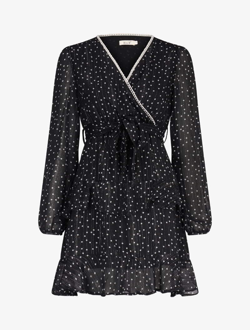 Robe courte à volants superposés imprimé pois - noir - 1