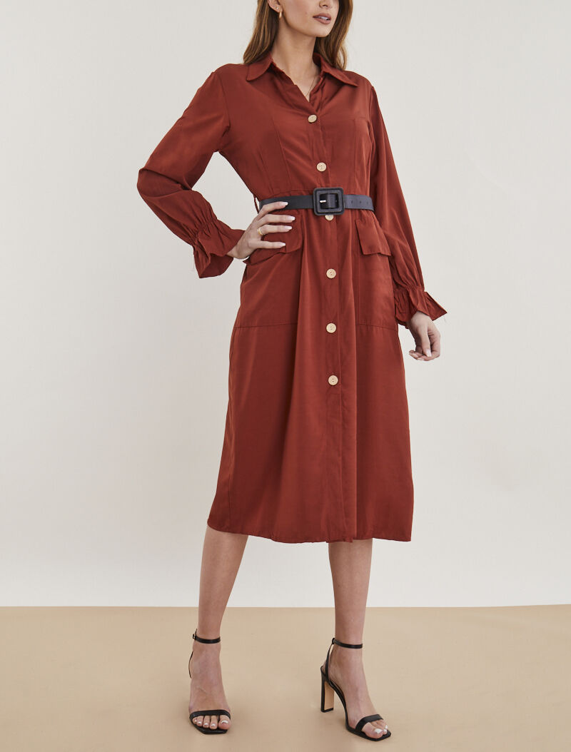 Robe chemise à ceinture simili - brique - 4