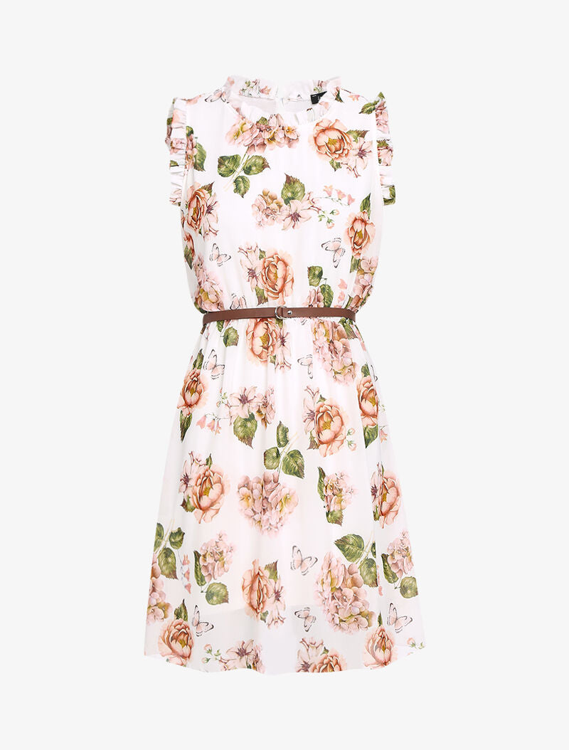 Robe imprimé fleurs à col et manches volantées - blanc - 2