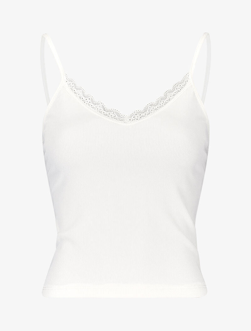 Débardeur court côtelé à encolure dentelle - blanc - 1