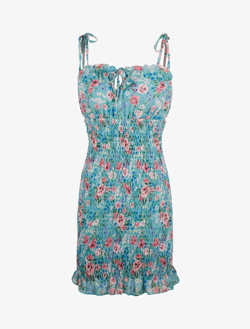 Robe élastiquée imprimé fleuri - vert menthe - 1