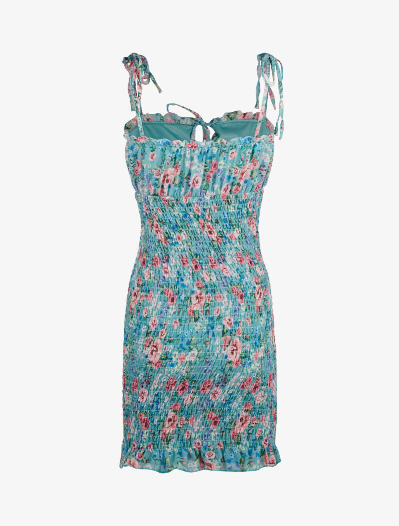 Robe élastiquée imprimé fleuri - vert menthe - 2