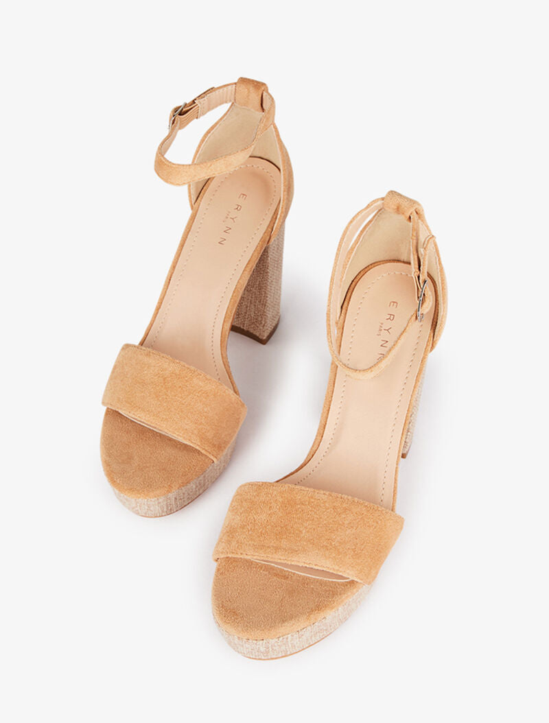 Sandales à talon et bride effet toile - camel - 4