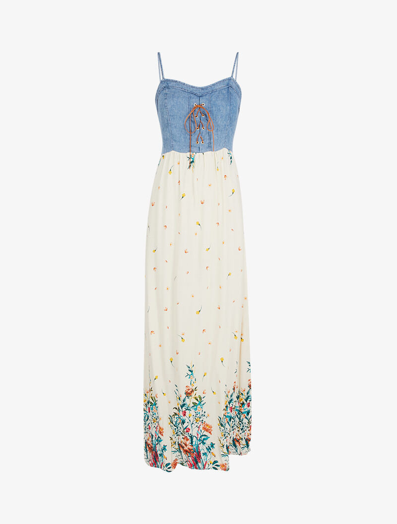 Robe à buste effet jean et imprimés - beige - 1
