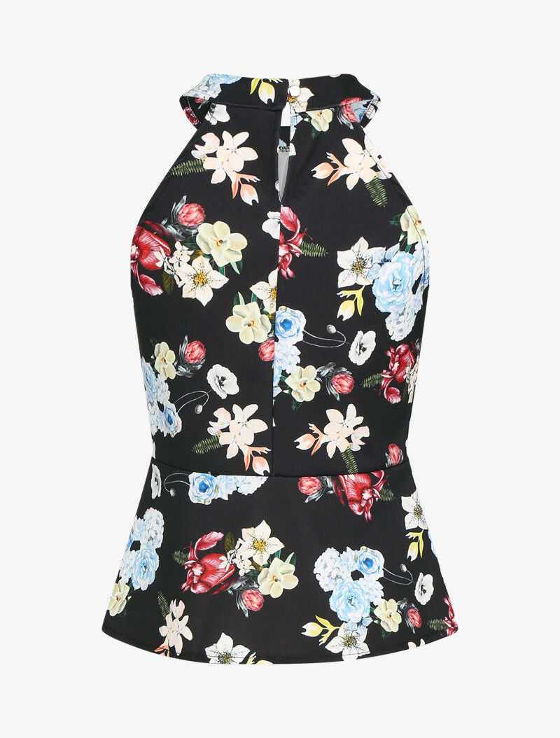 Top péplum à col américain imprimé floral - noir - 2
