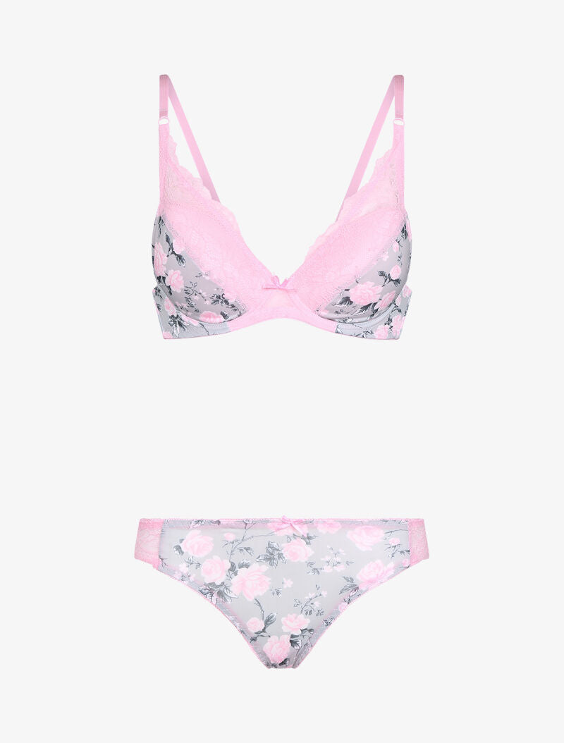 Ensemble imprimé fleurs et dentelle - rose - 1