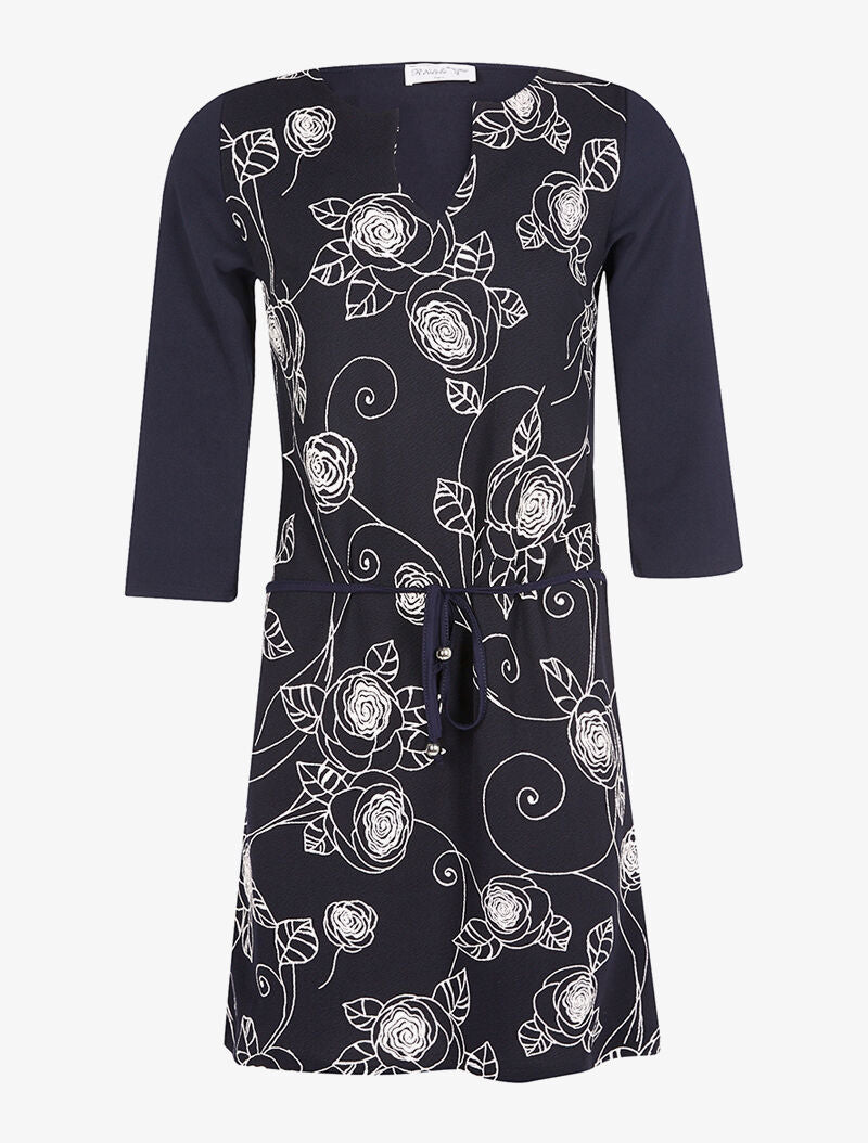 Robe droite brodée col V - marine - 3