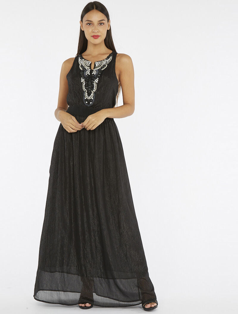 Robe longue plastron bijoux - noir - 4