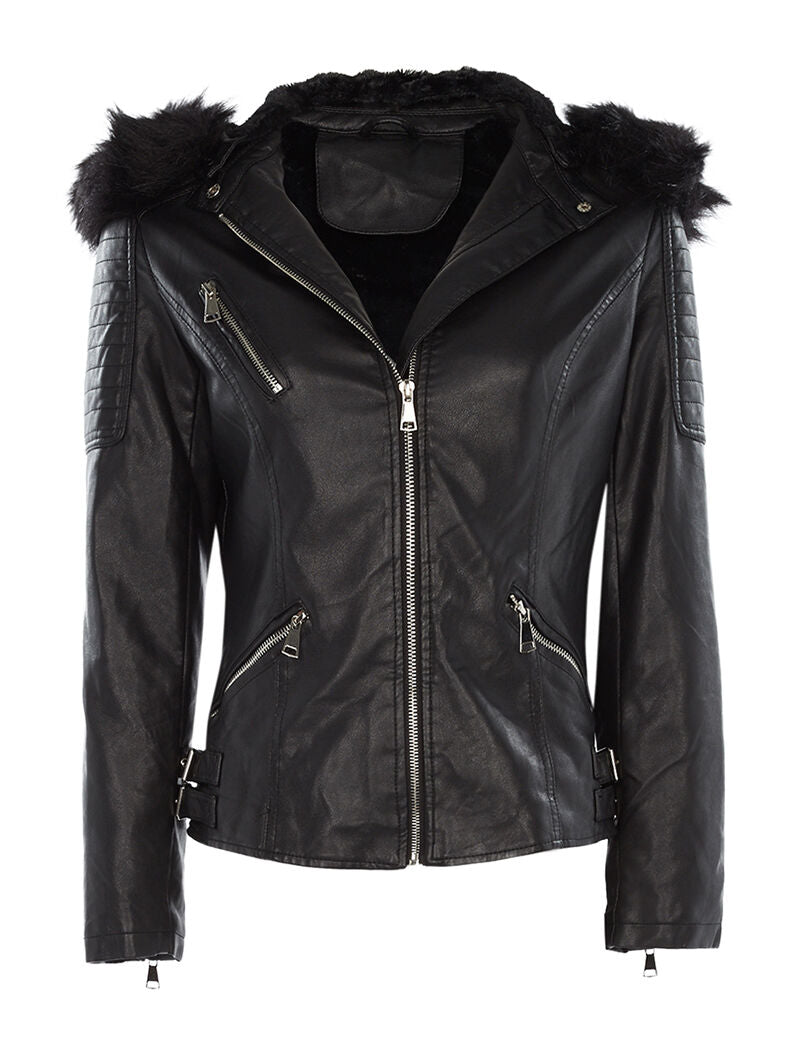Blouson simili fourré à capuches - noir - 1