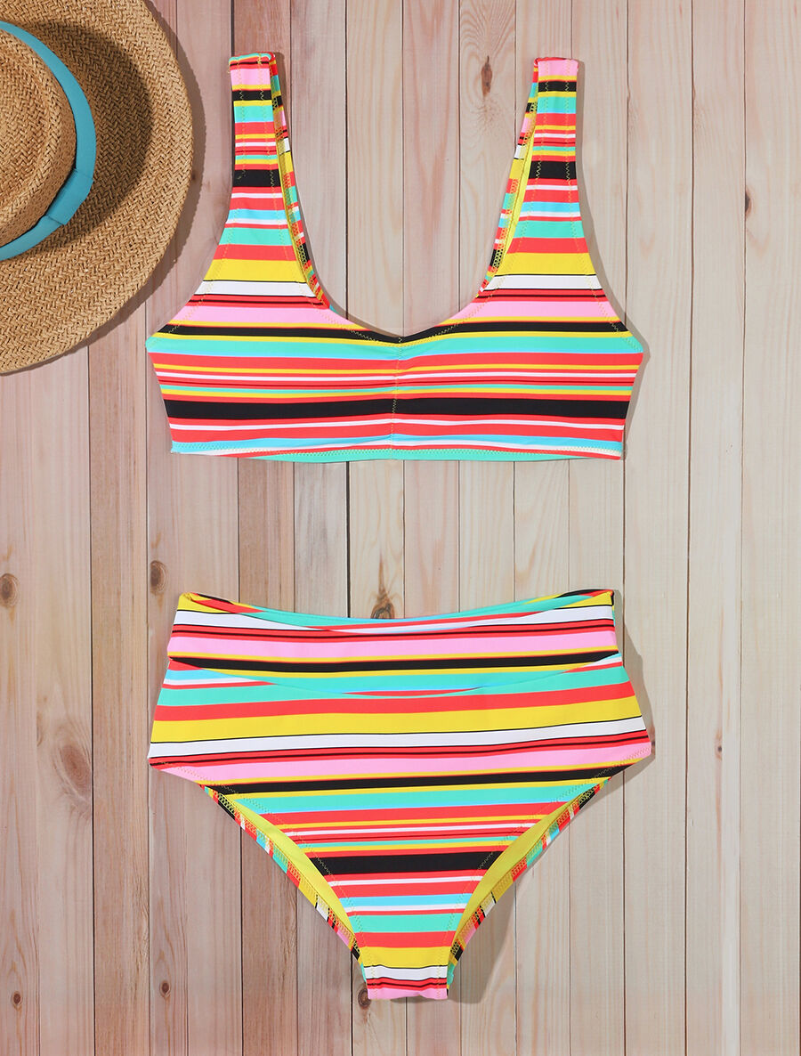 Bikini rayé à brassière et culotte montante - Orange - 1