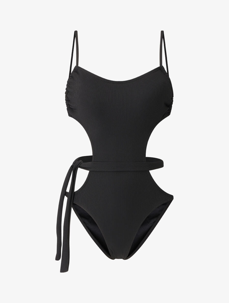 Maillot de bain échancré à lien décoratif - Noir - 1