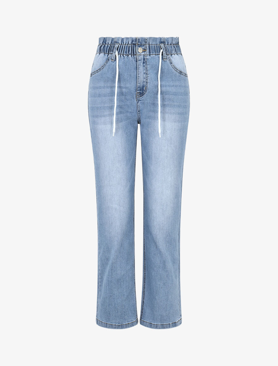 Jean droit taille haute élastiquée - Bleu - 4