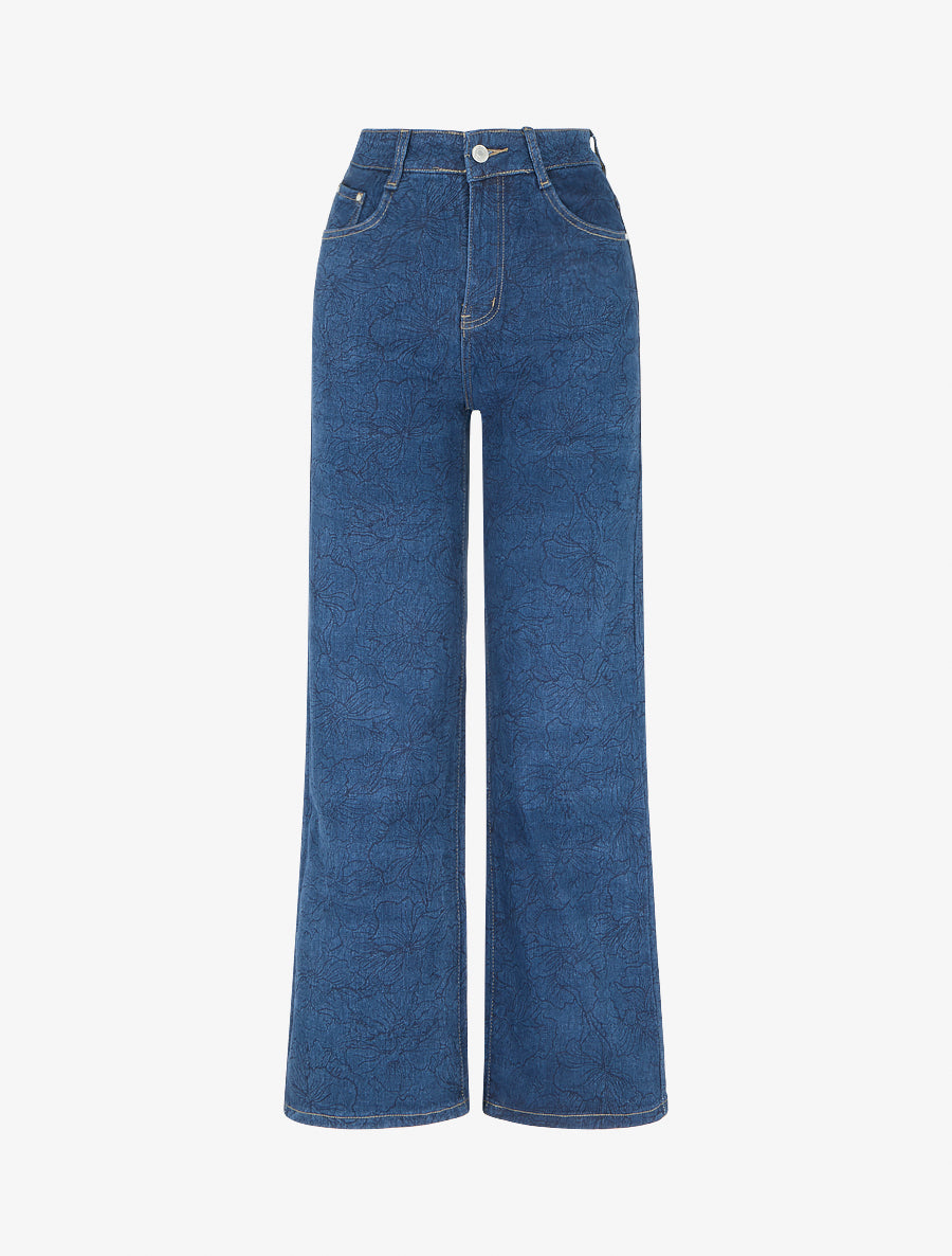 Jean droit taille standard à imprimé floral - Bleu - 1