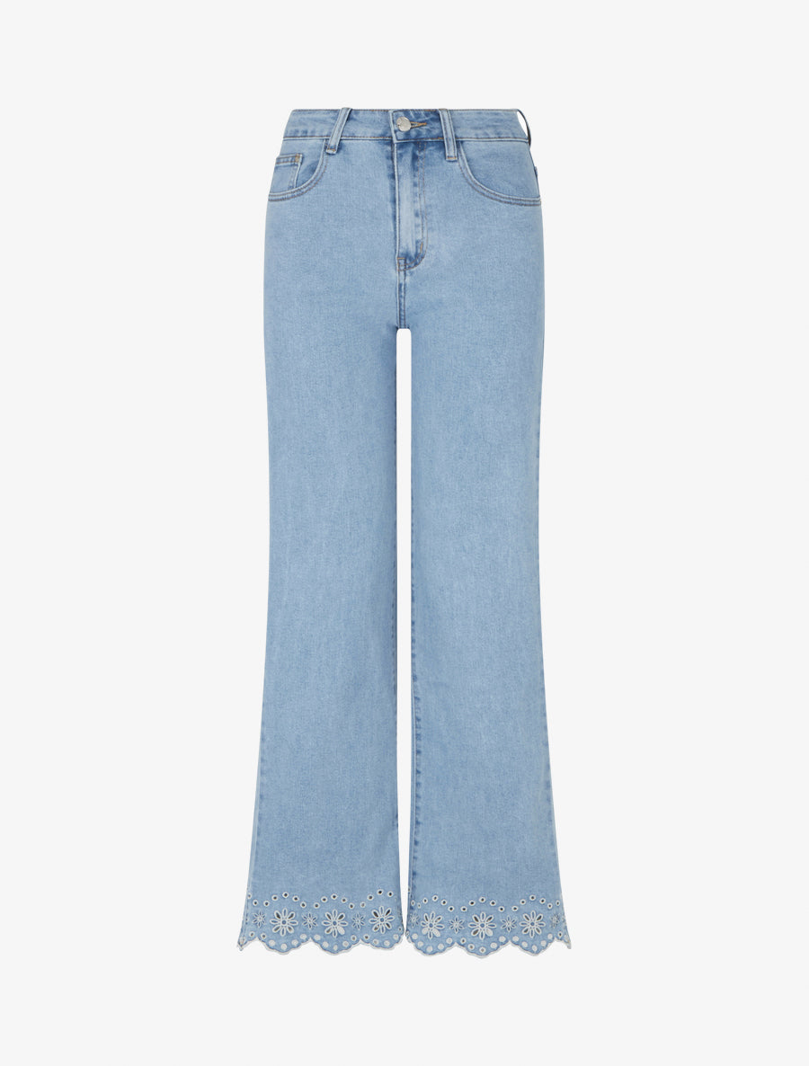 Jean wide leg à motif fleurs ajourés - Bleu - 1