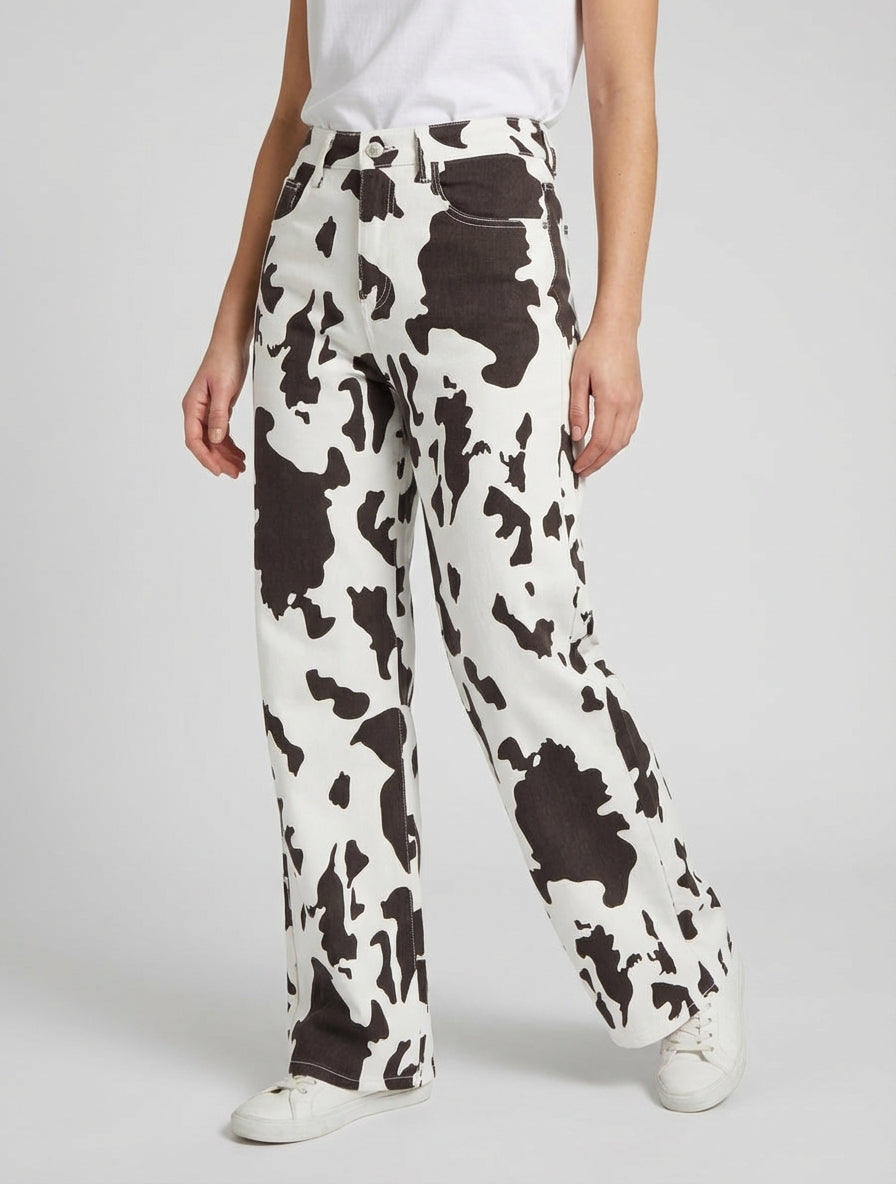 Jeans a gamba larga con stampa mucca - Marrone