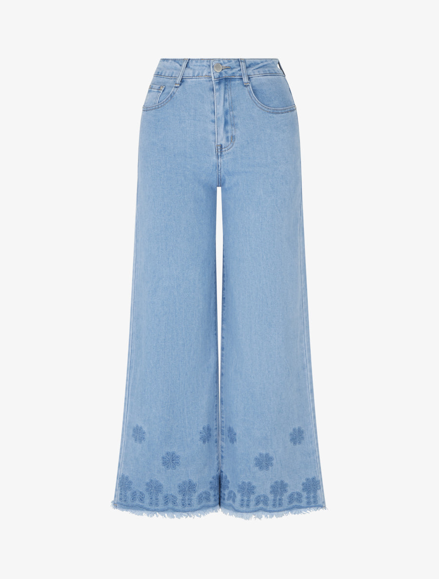 Jean ample à taille haute et bords brodés - Bleu - 1