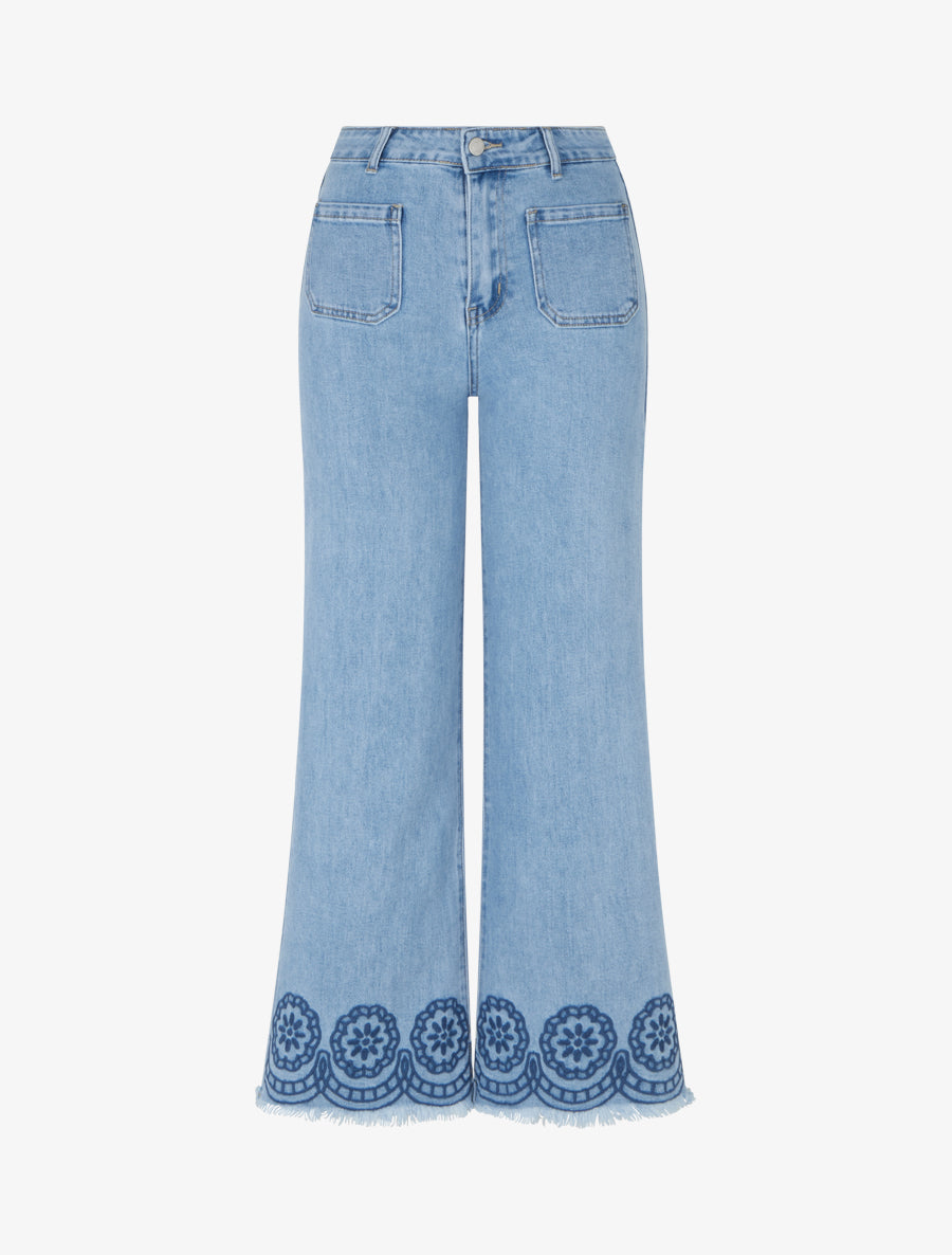 Jean ample à broderies et poches plaquées - Bleu - 1