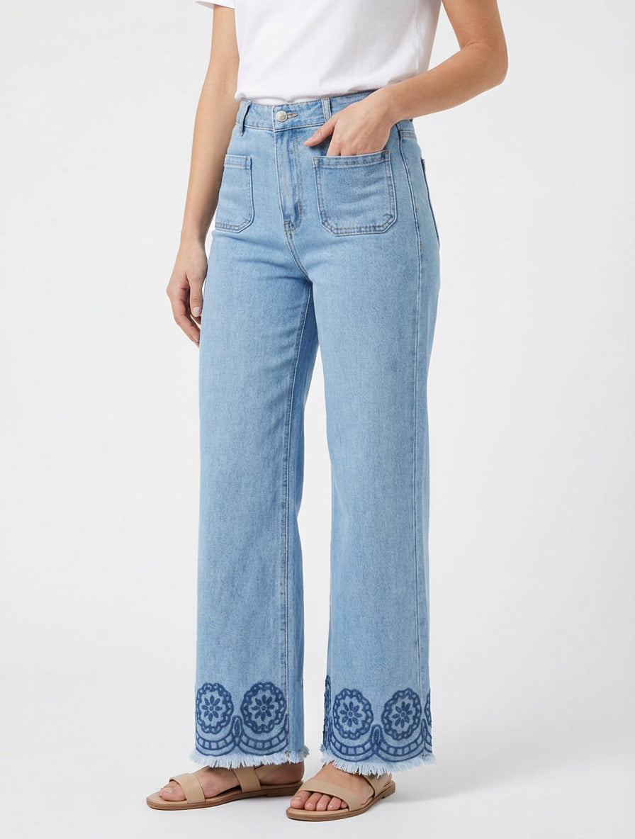 Jeans ampi con ricami e tasche applicate - Blu