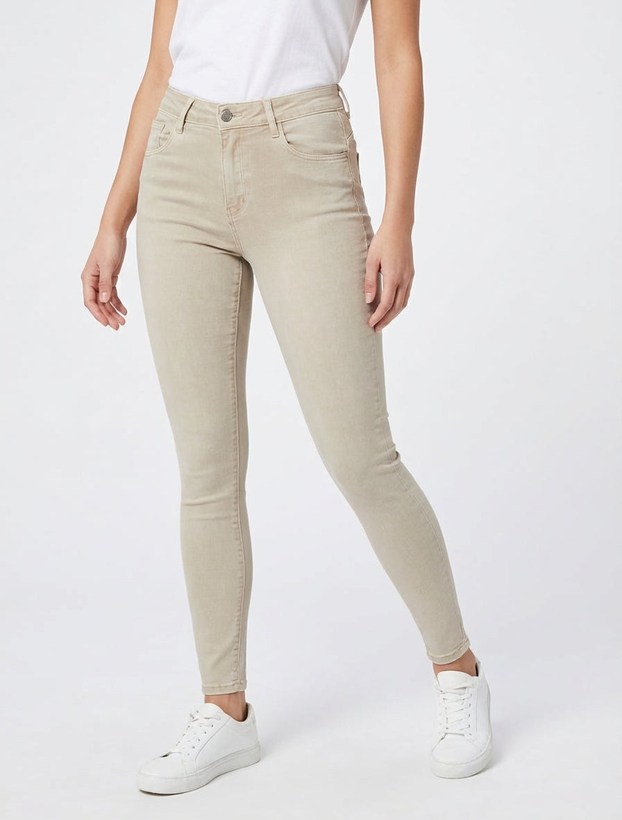 Jeans skinny tinta unita a vita standard - Beige