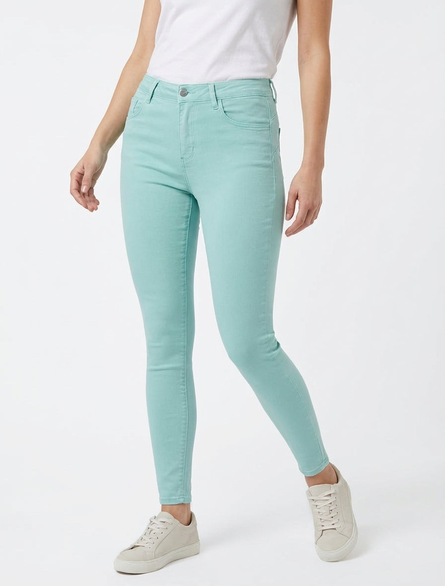Jeans skinny tinta unita a vita standard - Verde acqua