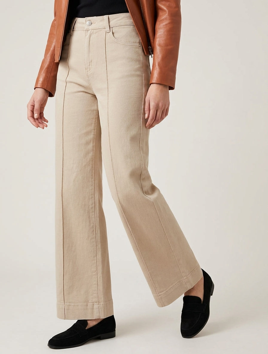 Jeans a gamba larga a vita alta con cuciture visibili - Beige