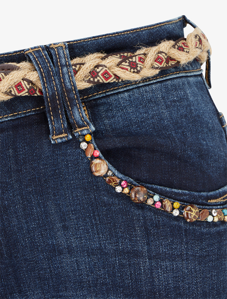 Jean à empiècement perles coupe skinny - Bleu denim - 3