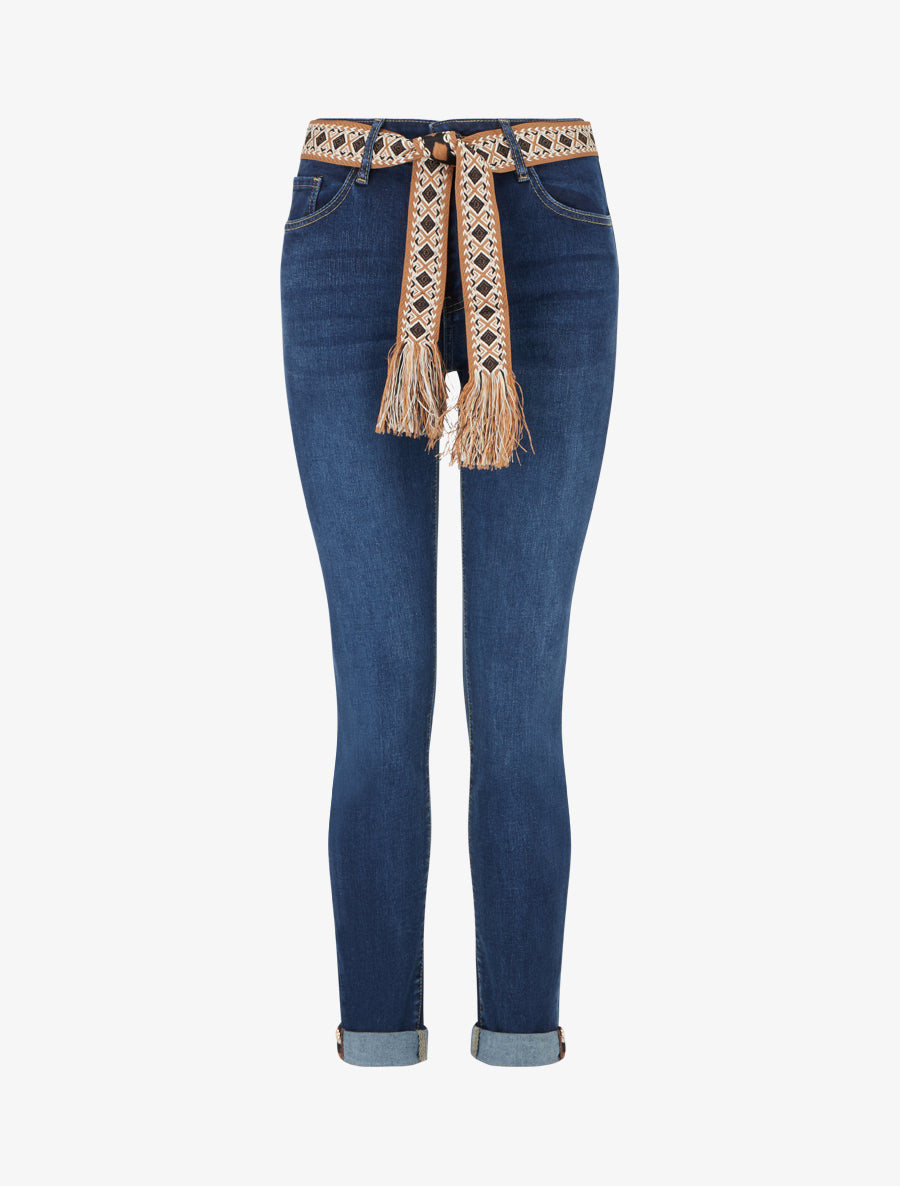 Jean slim à ceinture graphique et bords à ourlet - Bleu denim - 1