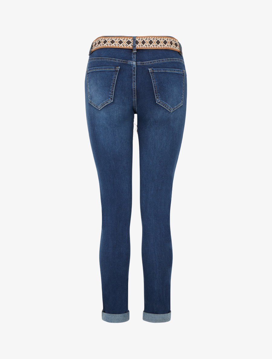 Jean slim à ceinture graphique et bords à ourlet - Bleu denim - 2